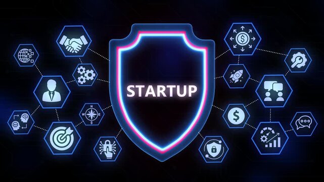 Startup Business Concept Shield with Connected Hexagonal Icons and Glowing Neon Outline image photo