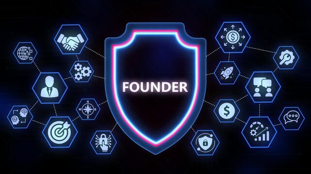 Founder Business Concept Shield with Connected Hexagonal Icons and Glowing Neon Outline image photo