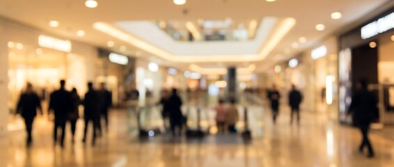 Obraz premium A busy and brightly lit modern shopping mall interior with blurred people walking and shopping, creating an atmosphere of commercial activity.