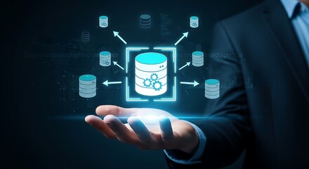 Businessman Holding Holographic Data Server and Database Network