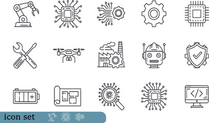 Fototapeta premium Print Industrial Robotics and AI Technology Icon Set Featuring Robotic Arms Neural Networks Microchips Automated Drones and Technical Security Symbols