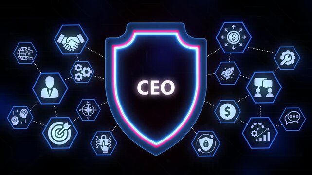 CEO Business Concept Shield with Connected Hexagonal Icons and Glowing Neon Outline image photo
