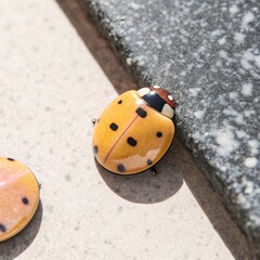 Obraz premium Close-up of a bright orange ladybug with black spots resting on a textured surface outdoors