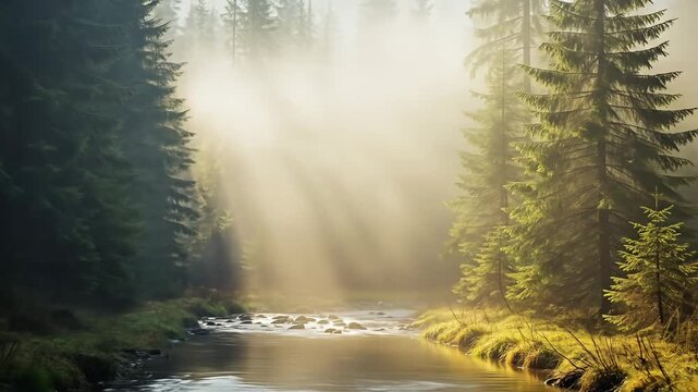 River flows through a misty forest as sunbeams break through trees in a tranquil scene
