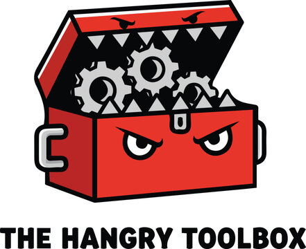 An Angry Red Toolbox With Sharp Teeth and Gears