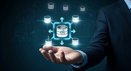 Businessman Holding Holographic Data Server and Database Network