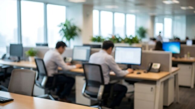 A softly blurred scene within a modern open-plan office showcasing two male employees intently working at their individual computer workstations.