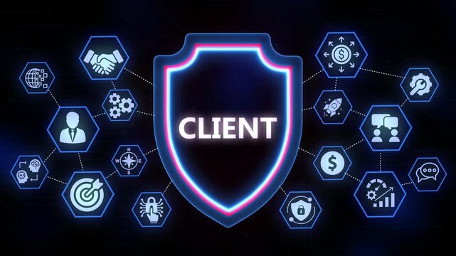 Client Business Concept Shield with Connected Hexagonal Icons and Glowing Neon Outline image photo