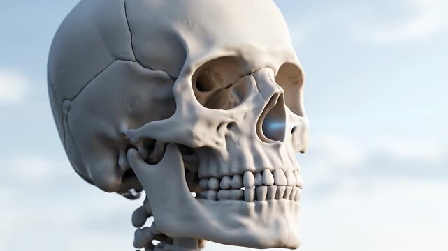 Detailed Human Skull Anatomy Rendered Against Soft Blue Sky Background With Subtle Lens Flare