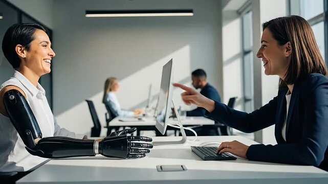 Happy Businesswomen Interacting and Smiling at Computers in a Modern Office, Promoting Inclusion