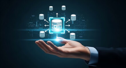 Businessman Holding Holographic Data Server and Database Network