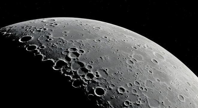 Close-up view of the Moon's surface, showcasing craters and geological features against a dark, starless sky