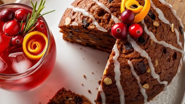 Holiday fruit cake with glaze and a cranberry beverage on a white plate; vibrant and festive