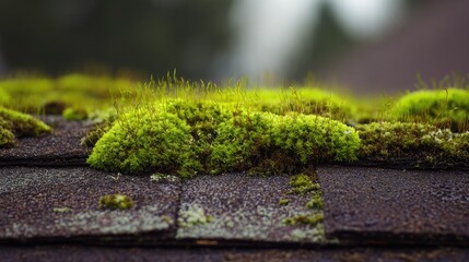 Fototapeta premium Bright Green Moss Grows on Old Shingles, Showcasing Natures Ability to Thrive in Urban Settings With Plenty of Copy Space Available