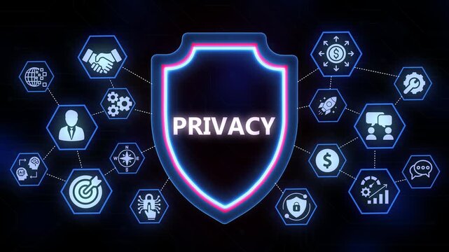 Privacy Shield Iconography with Digital Elements Symbolizing Data Confidentiality and Personal Security