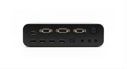 Obraz premium Black docking station with multiple ports isolated on white background, showcasing connectivity options and sleek design