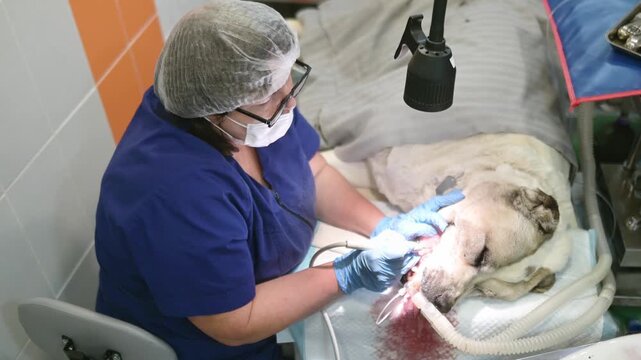 Cleaning big dog's teeth from tartar and plaque in vet clinic. Process of removing stones. Female veterinarian cleans pet's teeth with ultrasound while animal is lying on table under narcosis.