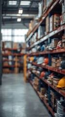 Fototapeta premium AI Generative Warehouse Storage Shelves Filled with Industrial Equipment and Tools