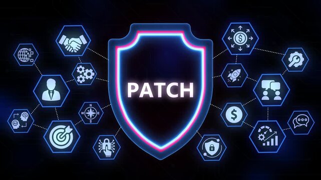Digital Shield with Patch Icon and Network of Hexagonal Data Icons on Dark Background software security