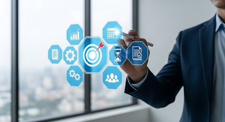 Businessman Drawing Business Strategy Target on Virtual Interface