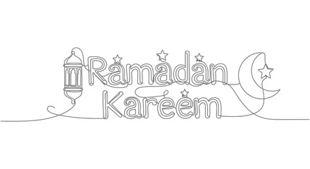 A continuous line drawing depicts the words ramadan kareem with a crescent moon and lantern high quality professional
