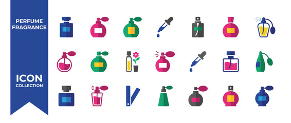 Vector Icon Set of Perfume Bottles and Fragrance Items in Flat Design. Collection of Colorful Scent Spray, Atomizer, Dropper, and Essential Oil Icons for Beauty, Cosmetics, and Luxury Branding.