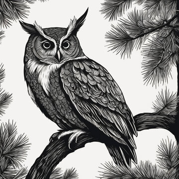 Black and white scratchboard art of an owl perched on a pine branch
