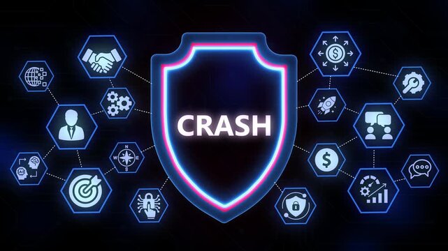 Digital Shield with CRASH text and surrounding technology and business icons on dark background