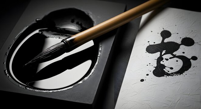 Traditional Japanese calligraphy brush dipped in black ink on stone inkwell with paper