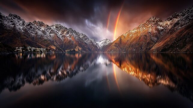 Snow-capped mountains with rainbow over tranquil lake at sunset, perfect for travel, nature, and inspirational content.