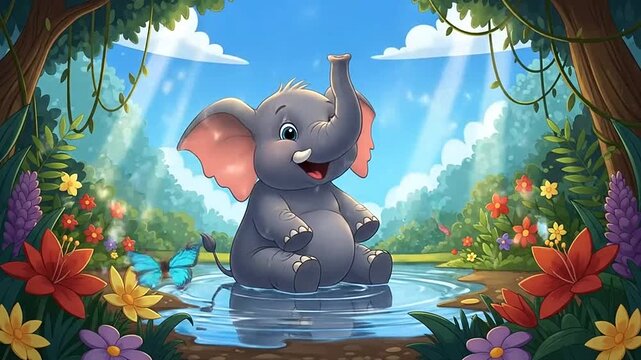 Adorable cartoon baby elephant playfully sitting in a jungle pond, surrounded by colorful flowers, flying butterflies, and lush tropical foliage in a whimsical setting.