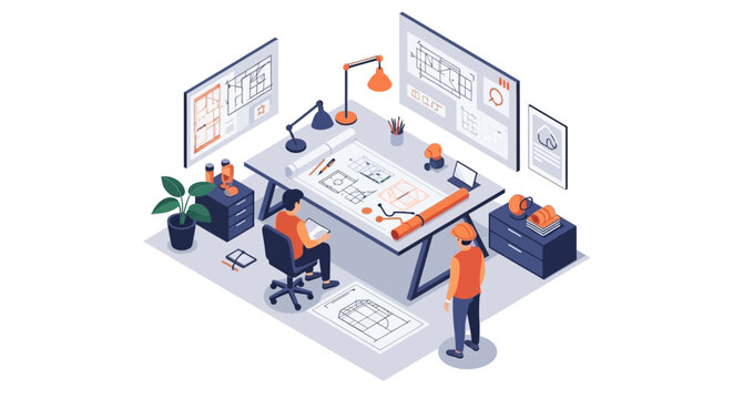 Architects working on blueprints at a drafting table.