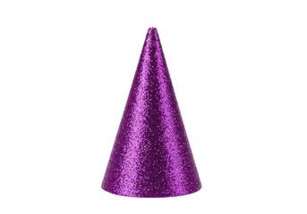 Sparkling purple cone shaped party hat decoration isolated white background
