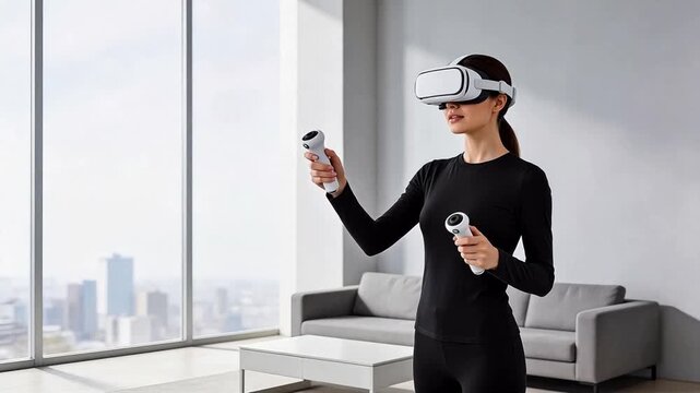 Woman using VR headset and controllers