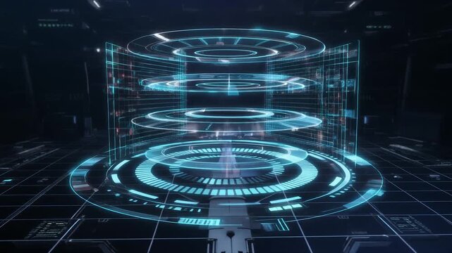 Futuristic machine learning ui hologram rotating slowly multi layered geometry smooth seamless surreal ambience cascading softly abstract unique style ultra realistic loop