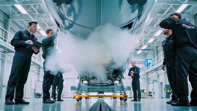 Technicians inspect aircraft underbelly in hangar, maintenance engineers examine landing gear with tools and checklist, bright workshop lighting, precision diagnostics and safety protocol underscore