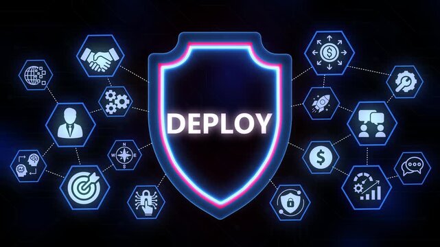 Digital shield with the word DEPLOY surrounded by interconnected icons representing business and technology concepts on a dark background