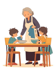 Children help grandma clear up after dinner - family relationship and bonding