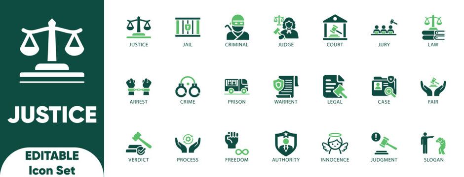 Justice Editable icon set. judge, gavel, scales, handcuffs, prison, court, government and law enforcement websites, and solid vector.