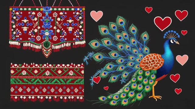 Colorful Peacock Embroidery with Hearts and Patterns.
