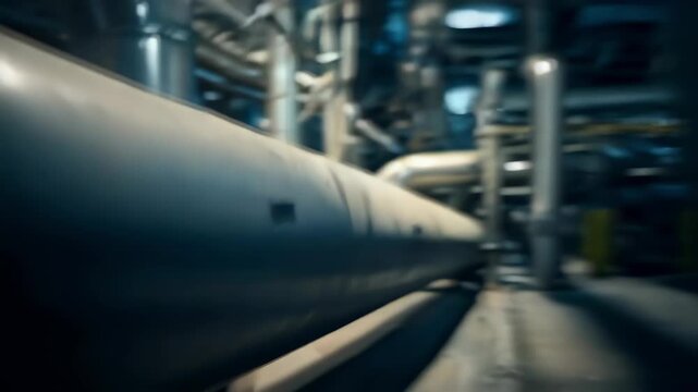 Technician inspects orange pipe between large pipelines, crouched in dim industrial plant wearing yellow hard hat reflective vest and gloves performing closeup alignment and safety check