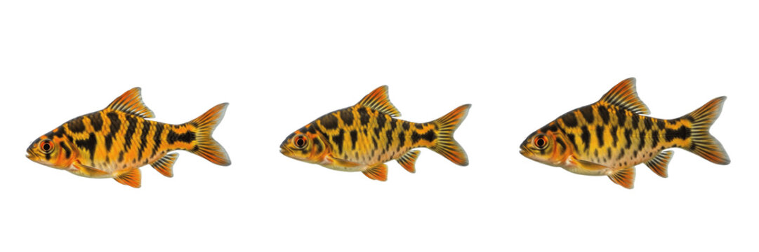 Tiger barb Puntigrus tetrazona isolated on white background, Sumatra barb striped Southeast Asian freshwater cyprinid tropical schooling aquarium fish cutout image