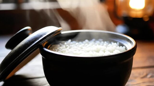 Steaming bowl of white rice on a wooden table with a lid