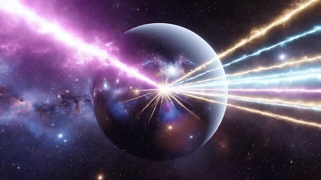 A dark, reflective sphere in space is struck by multiple colorful energy beams