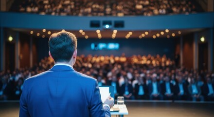 Fototapeta premium Speaker addressing audience at a business conference with presentation screen