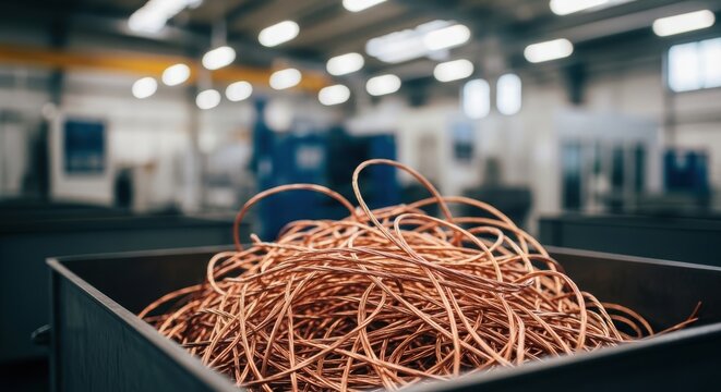 Heap of coiled copper wires in a metal bin at an industrial recycling facility