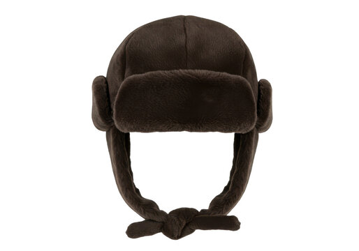 Dark brown faux fur trapper hat with tied flaps isolated white background