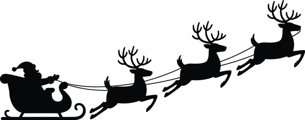 Santa sleigh silhouette, reindeer flying team, christmas holiday transport, festive winter night scene, isolated clipart, flat vector illustration © Miss