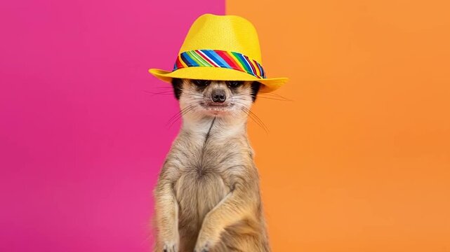 Cute meerkat wearing a colorful striped straw hat, standing and looking at the camera with a playful expression against a bright pink and orange background.