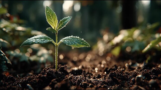 Growth and Renewal: A vibrant seedling emerges from the dark earth, its fresh green leaves reaching towards the sunlight, representing new life, and the potential for a flourishing future.